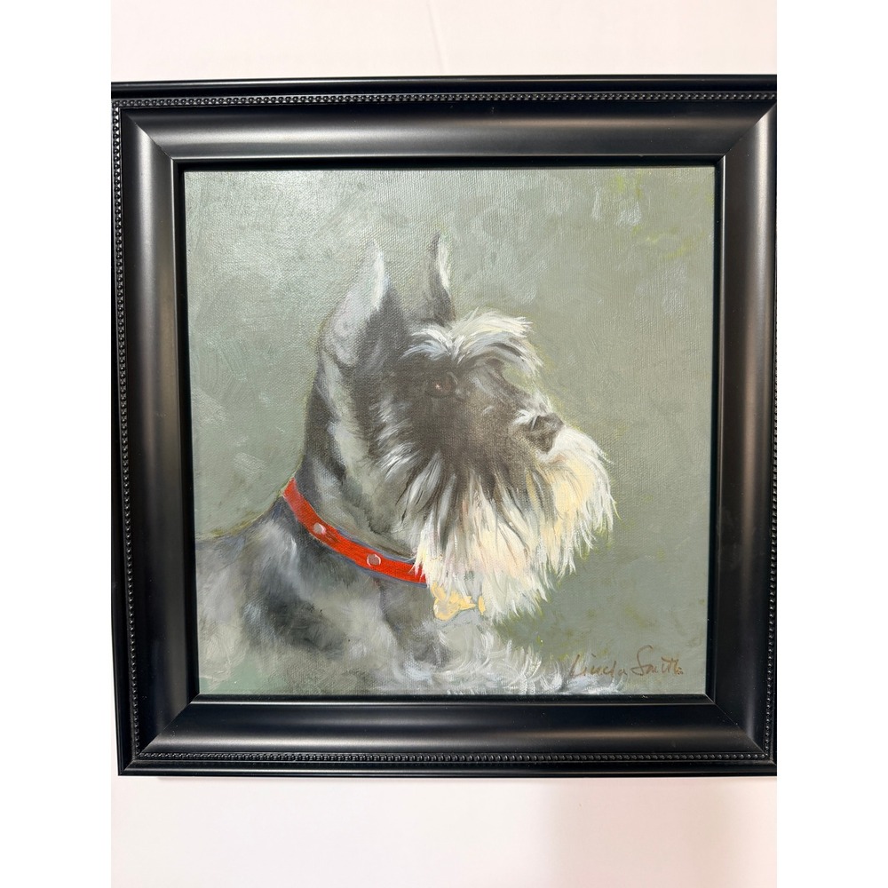Original Oil Painting Miniature Schnauzer Dog Portrait Signed Linda Smith Framed